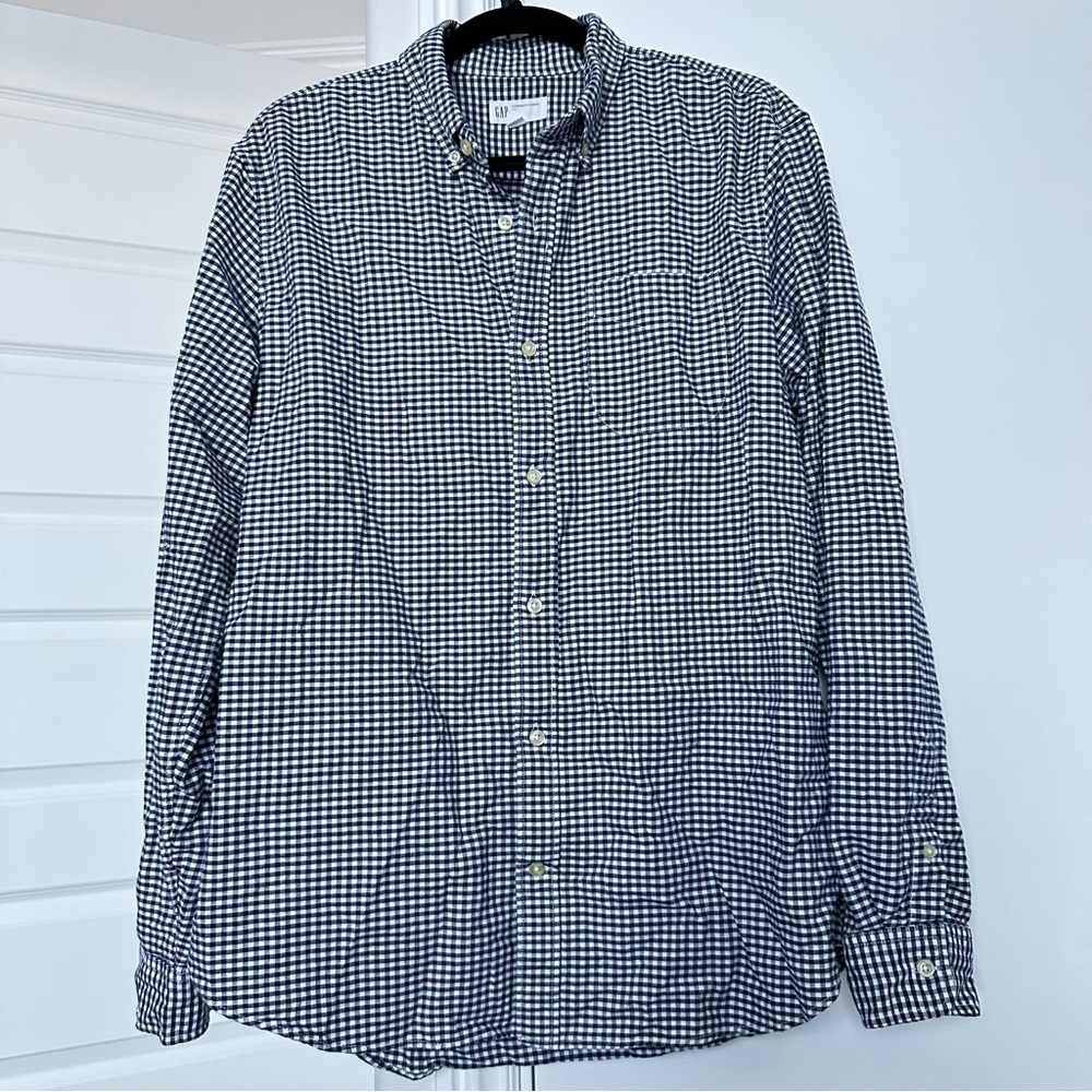 GAP Men's Blue and White Gingham Shirt Size Large